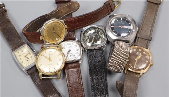 A collection of six gentlemens assorted wrist watches, including Oris and J.W. Benson.